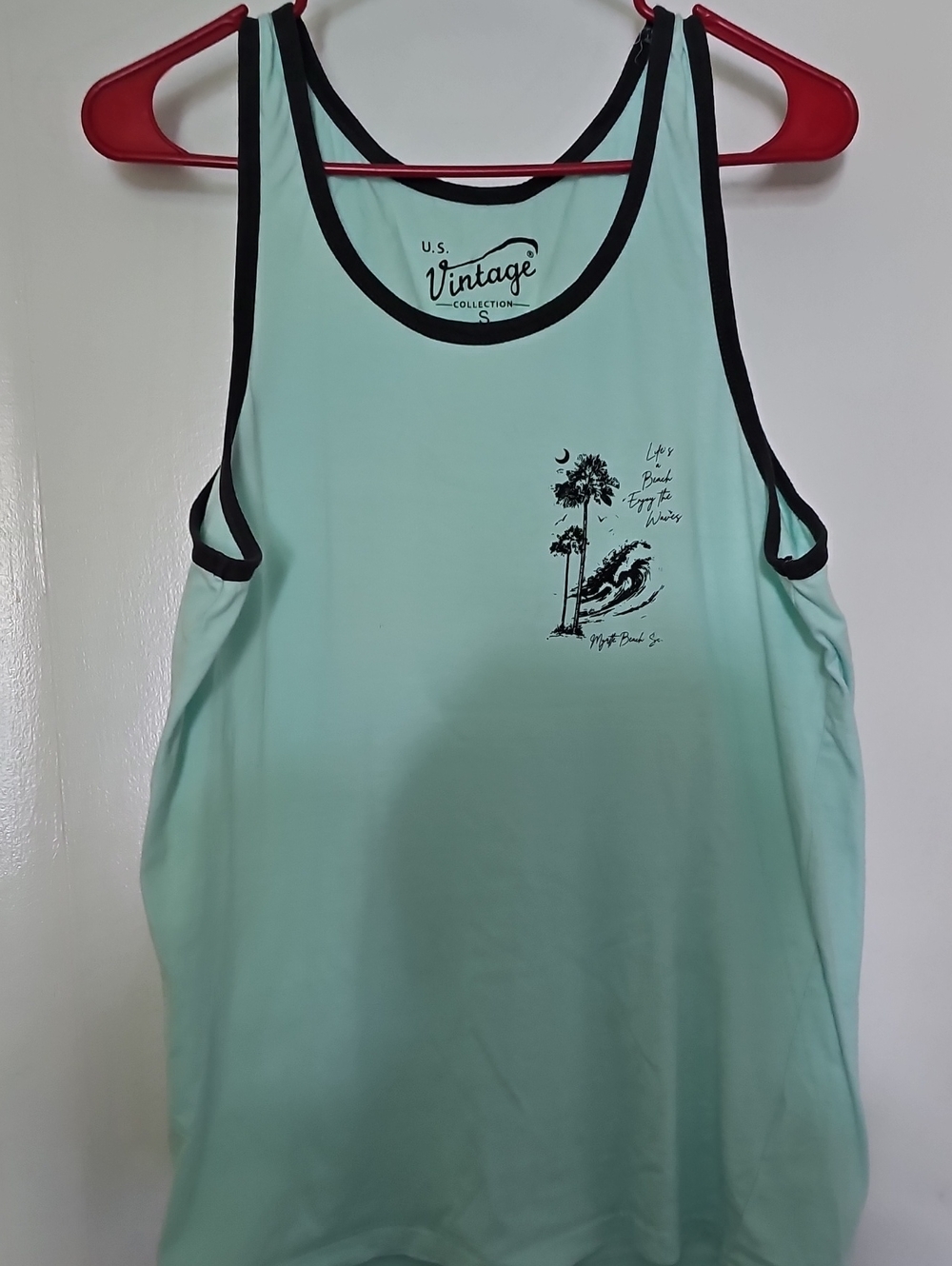 Vintage Mint Green Tank Top with Black Trim and Surf Graphic